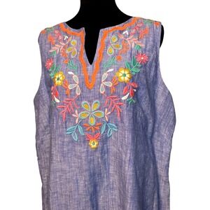 Talbots Petite Dress Blue Linen Blend Embroidered 16P Sleeveless Preppy Casual